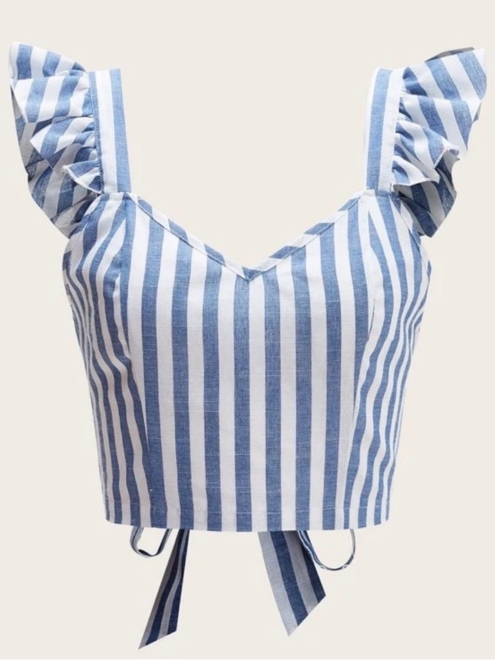 SHEIN Blue & White Vertical Stripe Ruffle Tie-Back Crop Top